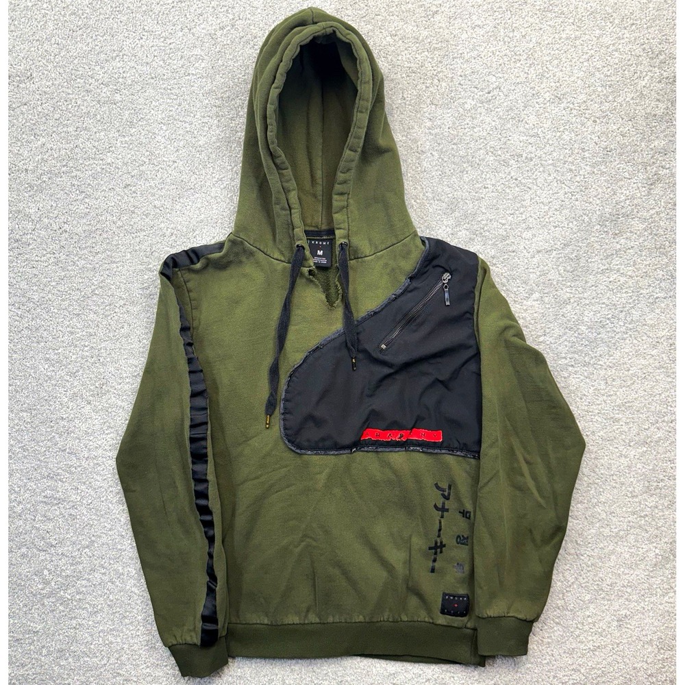 Krome Mens Medium Olive Green Black Anarchy Asymmetric Zip Hoodie Jacket
